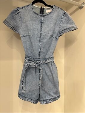 Pink Lily small Light Wash Denim Romper with Tie Waist.  Like new